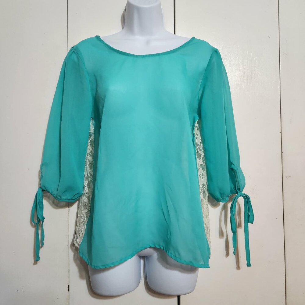 Small HELIUM Teal Sheer Chiffon Boho Blouse with Floral Lace Back & Tie Sleeves